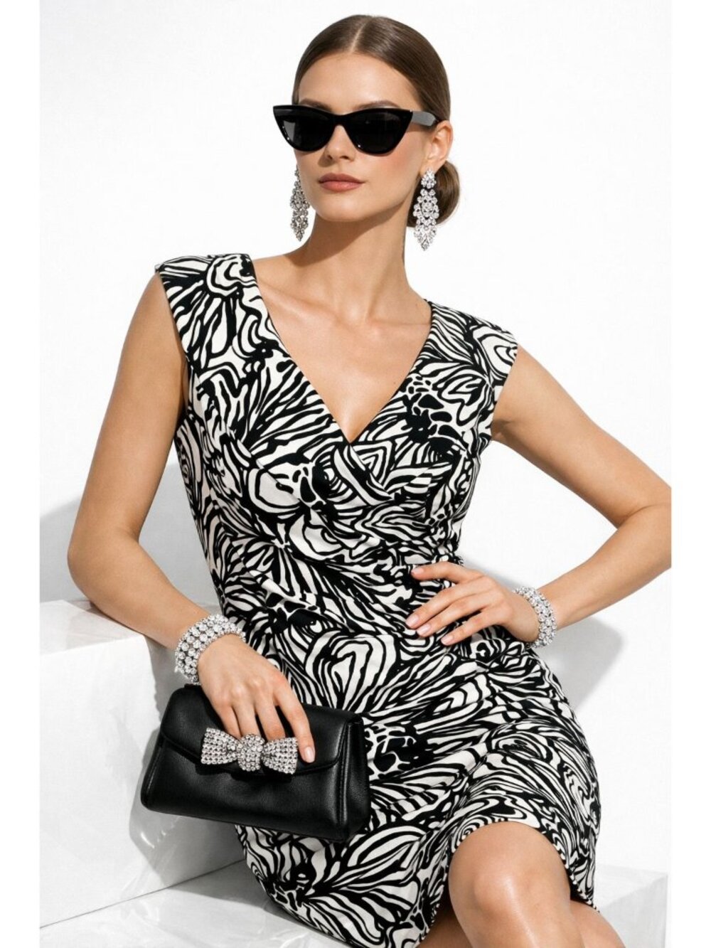 Jones New York Black/White Zebra V-Neck Dress Classic Cocktail Formal Money 10